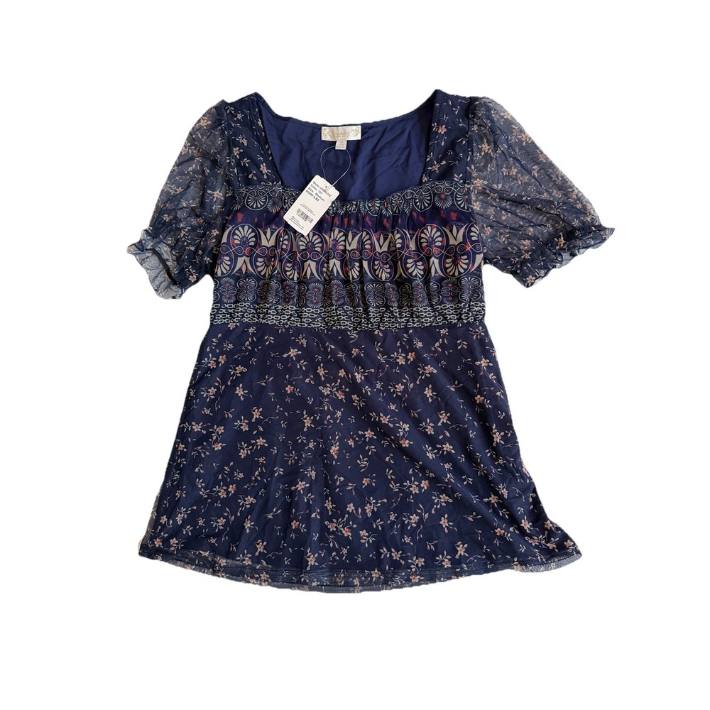 Suzanne B Vintage Inspired Mesh Tunic Blouse Sz M Floral Sheer Sleeves‎ Bohemian